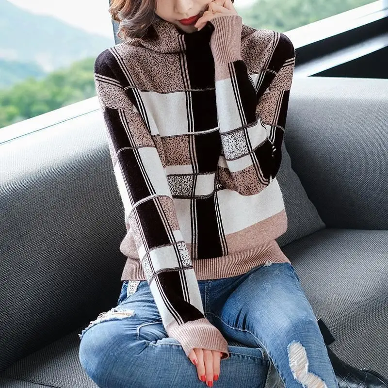 Women's Geometric Pattern Turtleneck Sweaters Autumn Winter Vintage All-match Thick Long Sleeve Knitted Jumpers Female Clothing