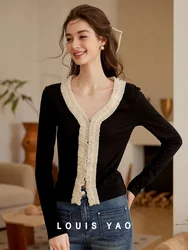 LOUIS YAO 2025 Spring Pullover Color Contrasting Nail Bead Lace Splicing V-Neck Slim Fit Long Sleeve Knitted Top for Women