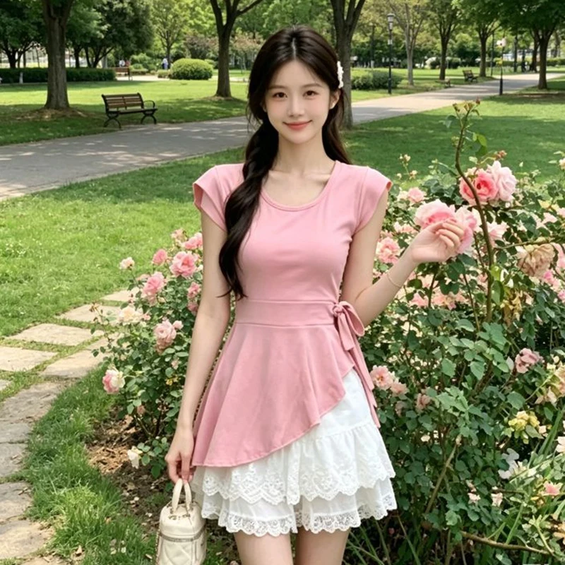 2026 Summer Short Sleeve Gentle T-shirt Dress Sets for Women Korean Slim Fit and Slimming Tops Waist Cinching Cute Lace Skirts