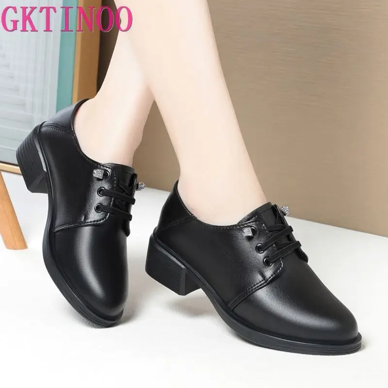 GKTINOO 2024 Spring Autumn Genuine Leather Shoes Woman Pumps British Soft Sole Plus Velvet Warm Black Shoes Mid Heels