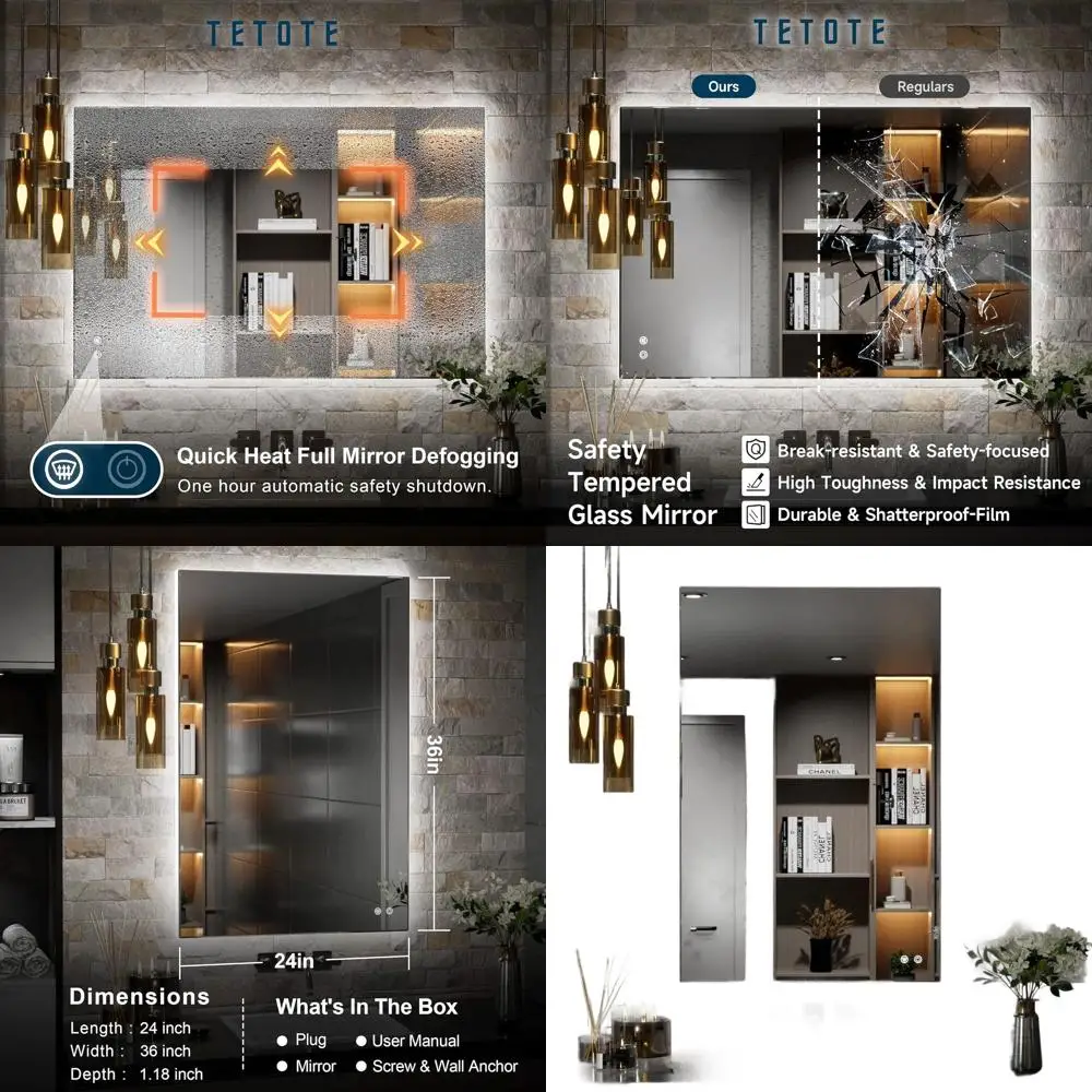 

24 x 36 LED Backlit Mirror, Anti-Fog, Dimmable, CRI90+, IP54 Waterproof, Wall-Mounted Vanity Light