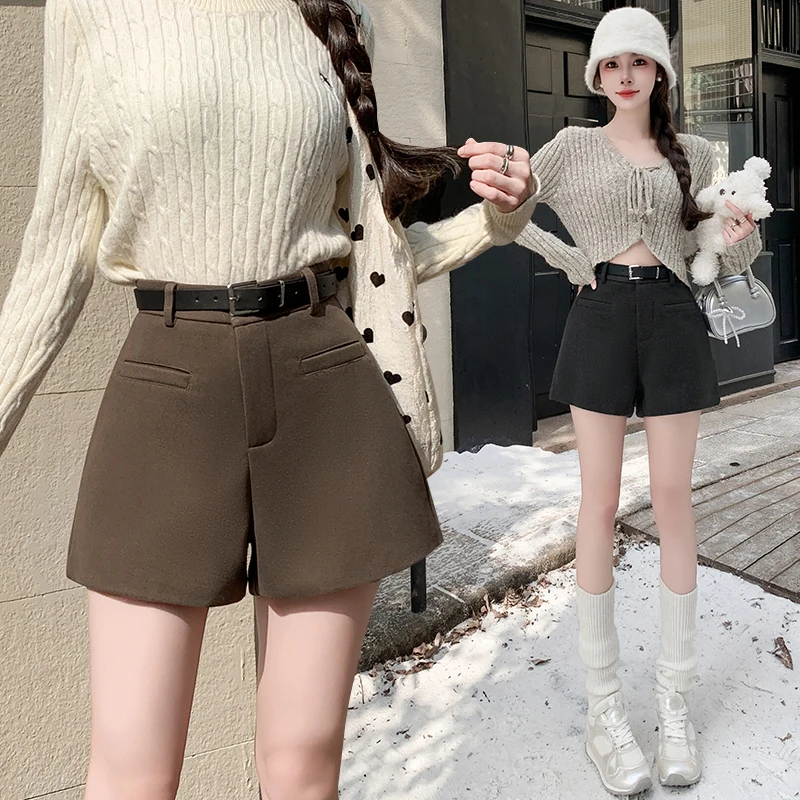 2024 Woman Clothing Elegant Shorts Women High Waist Solid A Line Sexy Korean Woolen Cloth Wide Leg Pants Suit Short Bootcut