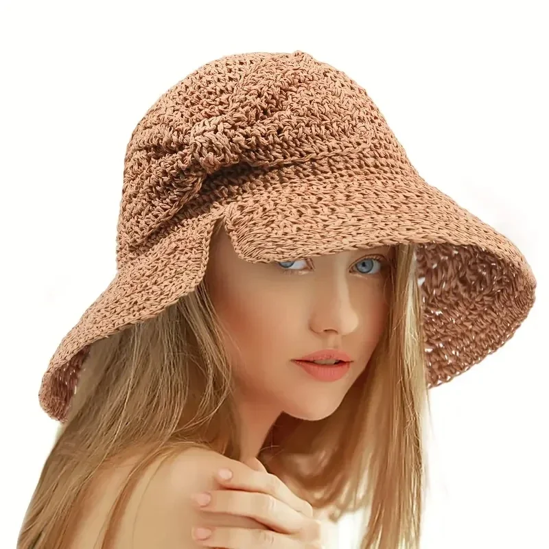 Straw Bowknot Slit Sun Hat Elegant Vintage Crochet Bucket Hat Foldable UV Protection Travel Beach Hats for Spring & Summer 2025