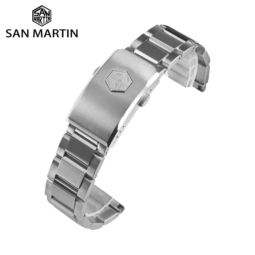 San Martin piezas de reloj sin inserto, pulsera de extremos planos, acero inoxidable sólido 316L, 3 eslabones, 20mm, 22mm, Correa Universal