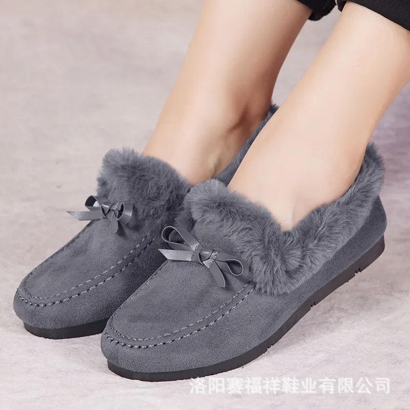 Women Winter Casual boots New Moccasins Soft Flat Non-slip Loafers Fashion Comfort Warm Plush Bow Slip on Female Cotton Shoes