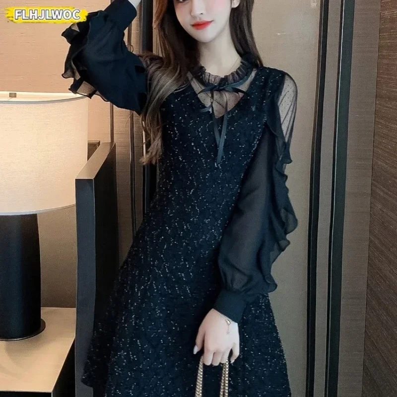 New Year Christmas Chic Elegant Annual Black Sheer Mesh Lace Dress Cute Women Stand Collar Bling Party Dresses Vestidos