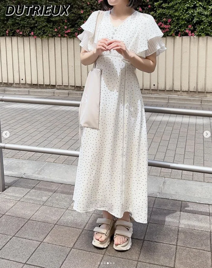 

Summer New V-neck Dress Ruffled Polka Dot Midi Dress Japanese Style A- Line High Waist Slim Fit Sweet Elegant Women's Dress