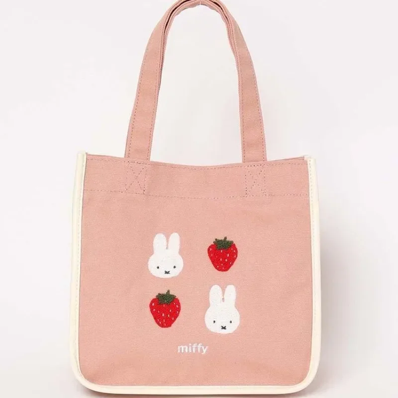 Ins Miffys çilek pembe eğlence moda kızın kalp Kawaii kanvas çanta karikatür güzel öğrenci çanta Bento çantası Tote çanta