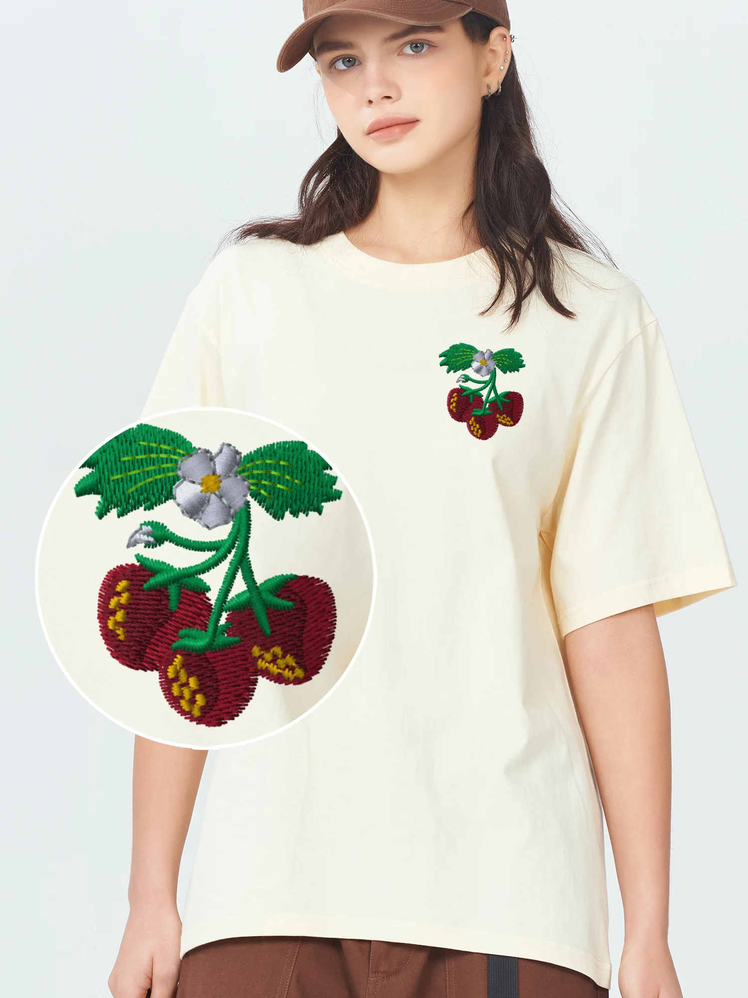 

Футболка с вышивкой клубники, футболки из 100% хлопка с вышивкой, розовые футболки с рисунком, одежда