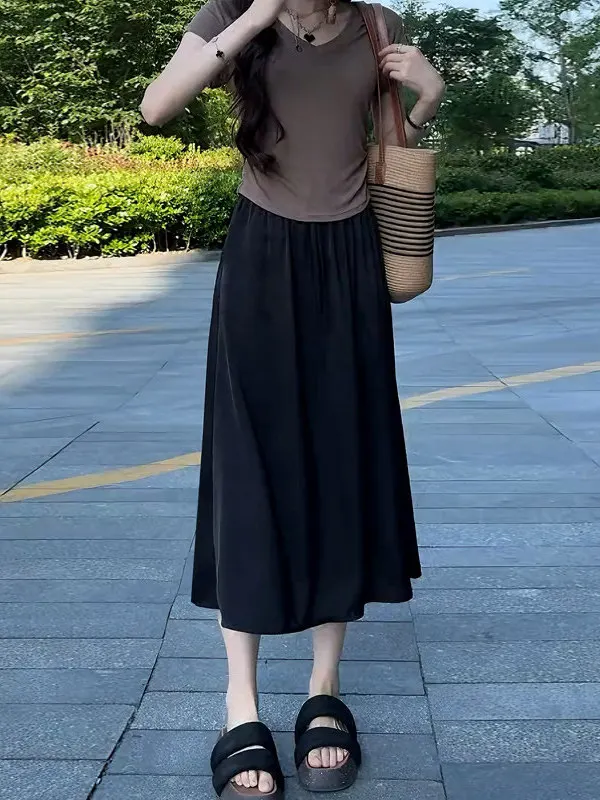 

Юбка А-силуэта с высокой талией, женская летняя тонкая модная юбка больших размеров с эластичной талией, юбка до середины бедра, с эффектом похудения, легкая юбка