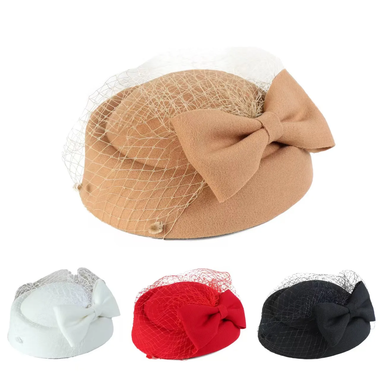 

New Fashion Bowknot Veil 100%Wool Cashmere Hat Bride Fashion Headwear Photography Decoration Wedding Party Hat