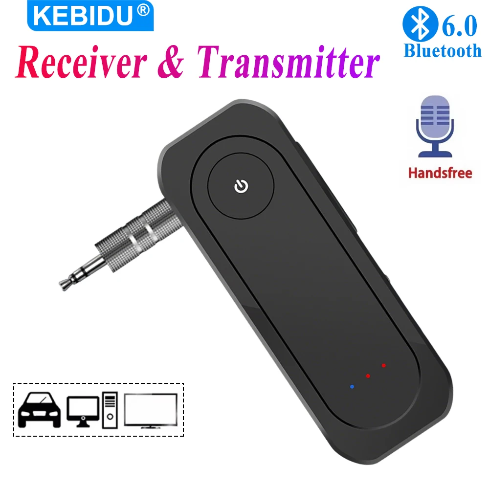 KEBIDU Receptor y Transmisor de Audio Bluetooth 6.0 2 en 1, Adaptador de Audio Inalámbrico, Conector AUX de 3.5mm, Dongle USB, Adaptador de Música para Auto, Altavoz