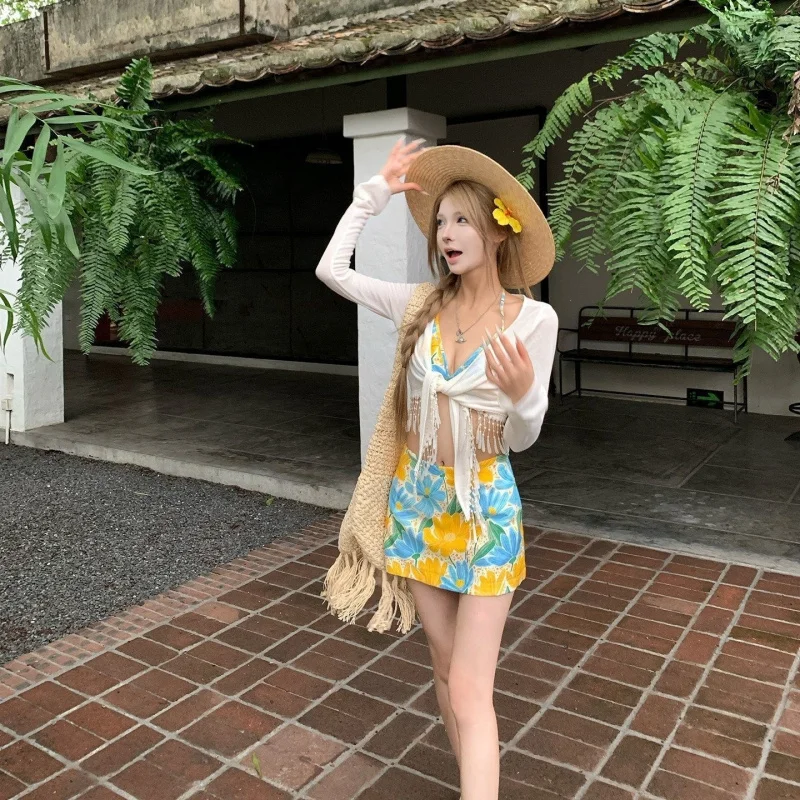 NewINSSummer outfit for hot girls: dopamine island vacation two-piece skirt-style four-piece swimsuit bikini