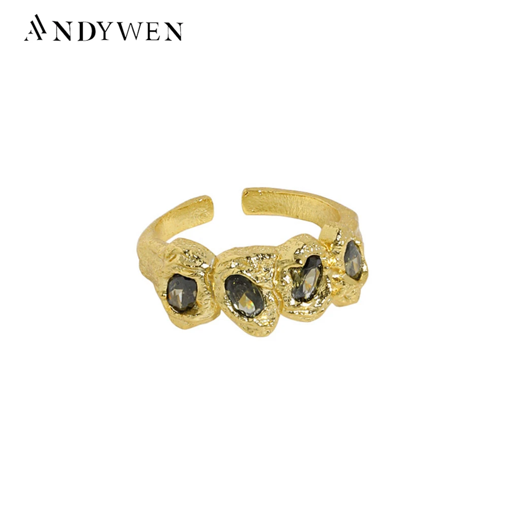 ANDYWEN 925 Sterling Silver Gold Four Olive Green Zircon CZ Resizable Rings Women Luxury Jewelry 2021 Wedding Rock Punk Party