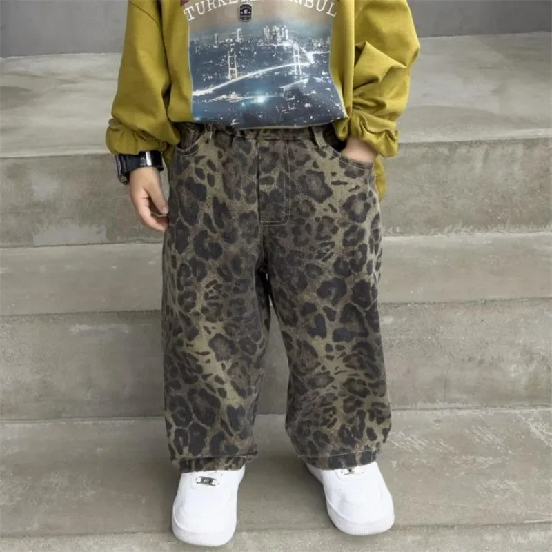 Kids Clothes Baby Boys Jeans Leopard Print Straight-leg Cool Hip Hop Denim Pants Casual Pants Cotton High Quality