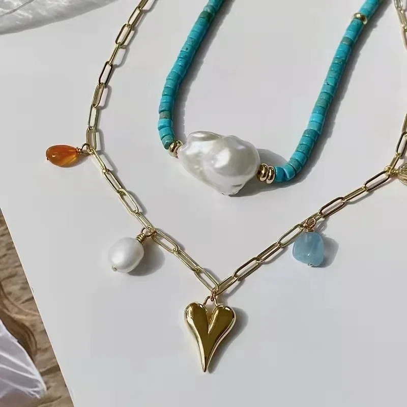 Quartz alami tidak beraturan batu Aquamarines, manik warna emas rantai persegi panjang liontin hati Set Retro Boho perhiasan pesta