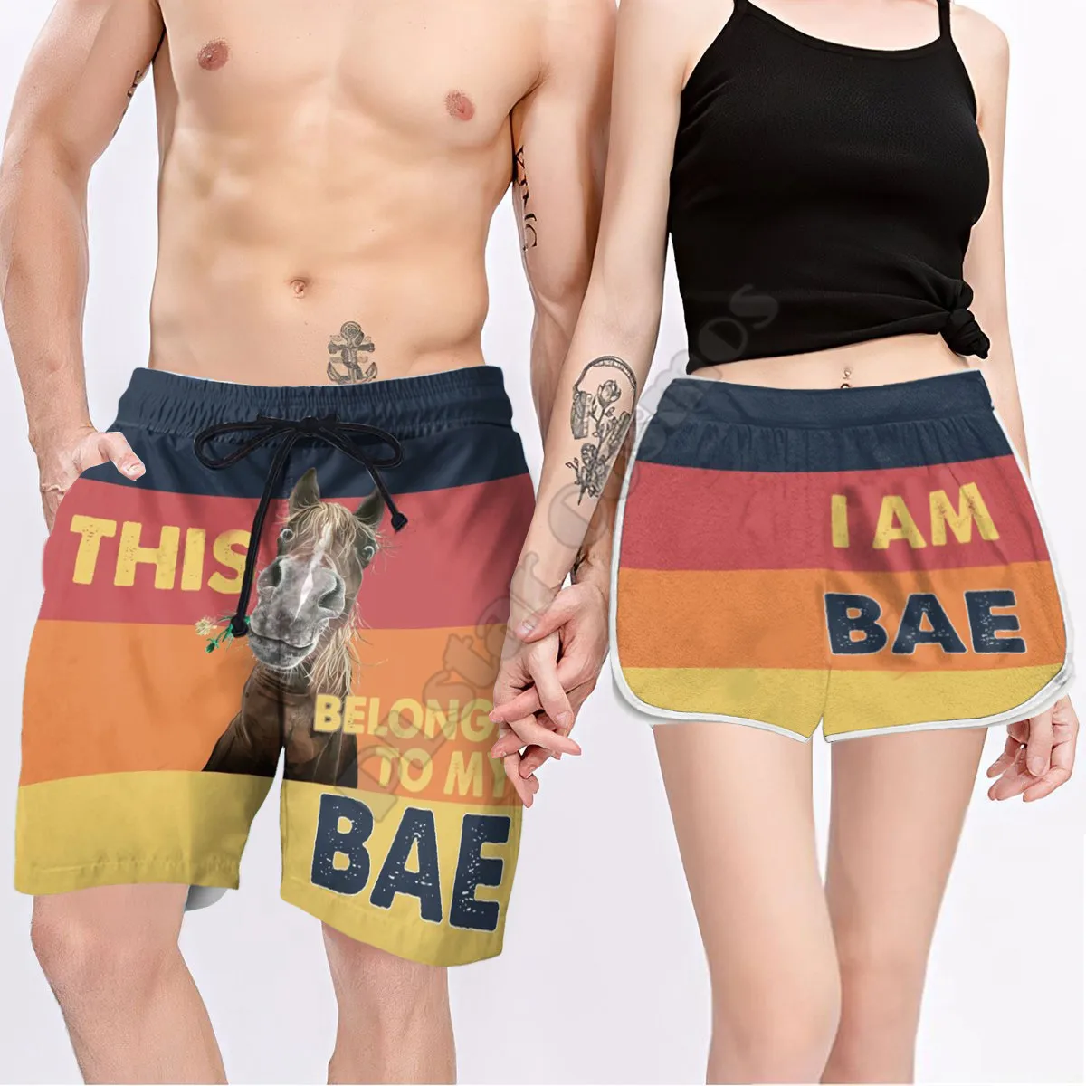 

Couple Matching Horse This Belongs To Bae I Am Bae Printed 3D Elastic Waist Summer Quick Dry Beach Shorts Swimming Trunks