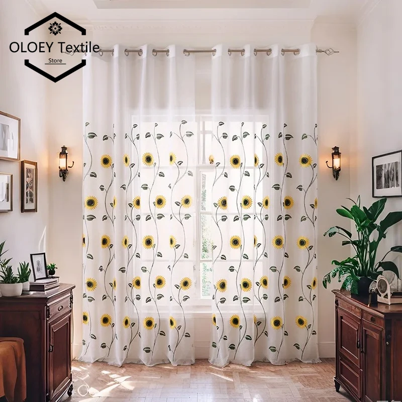 

Curtain Sunflower Embroidered White Sheer Window Curtains for Living Room Grommet Top Postal Style 1 Panel Treatment Home Decor