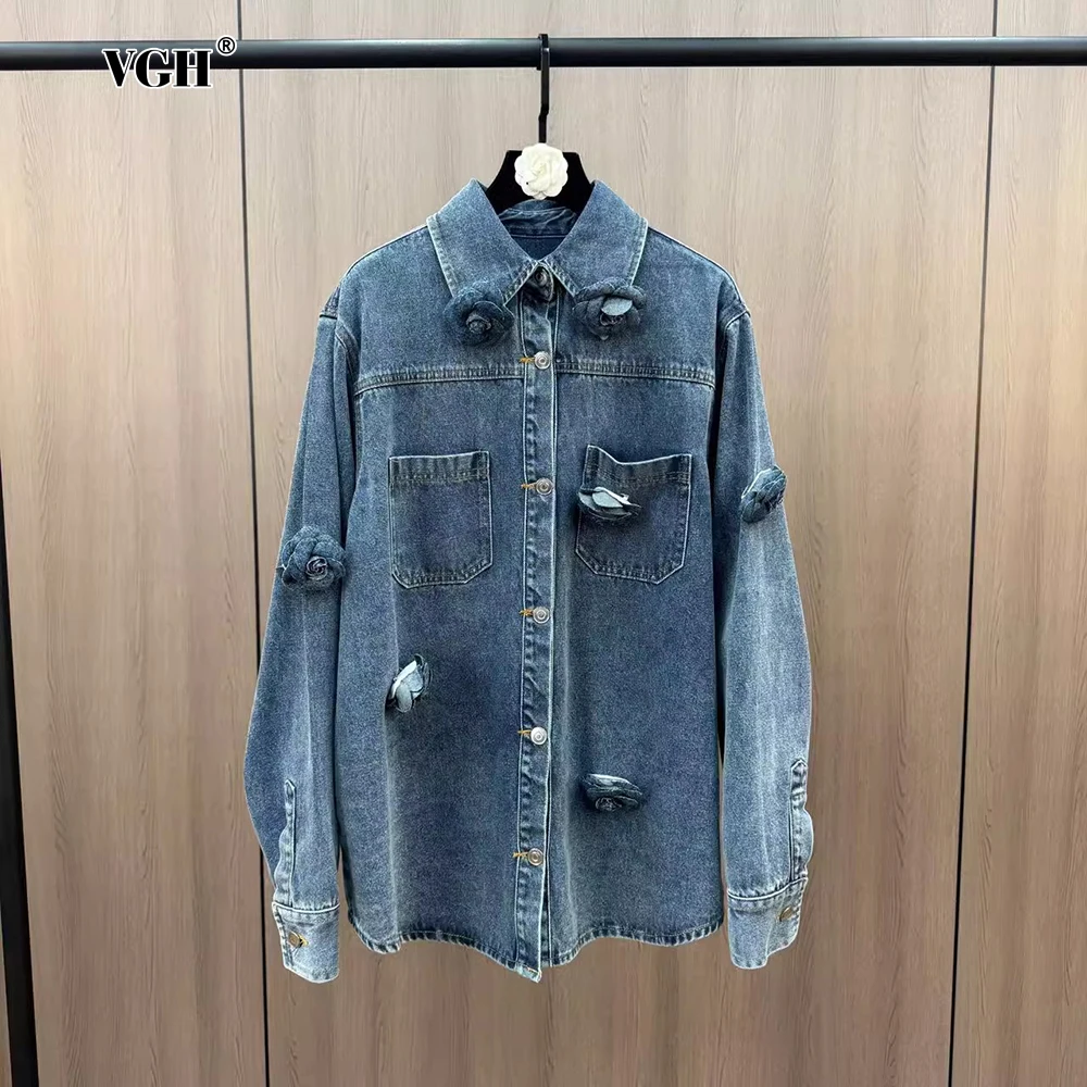 

VGH 2025 Patchowrk 3D Flowers Spring Coats for Women Lapel Long Sleeve Pin Design Spliced Denim Jackets Female Clothing Fashion