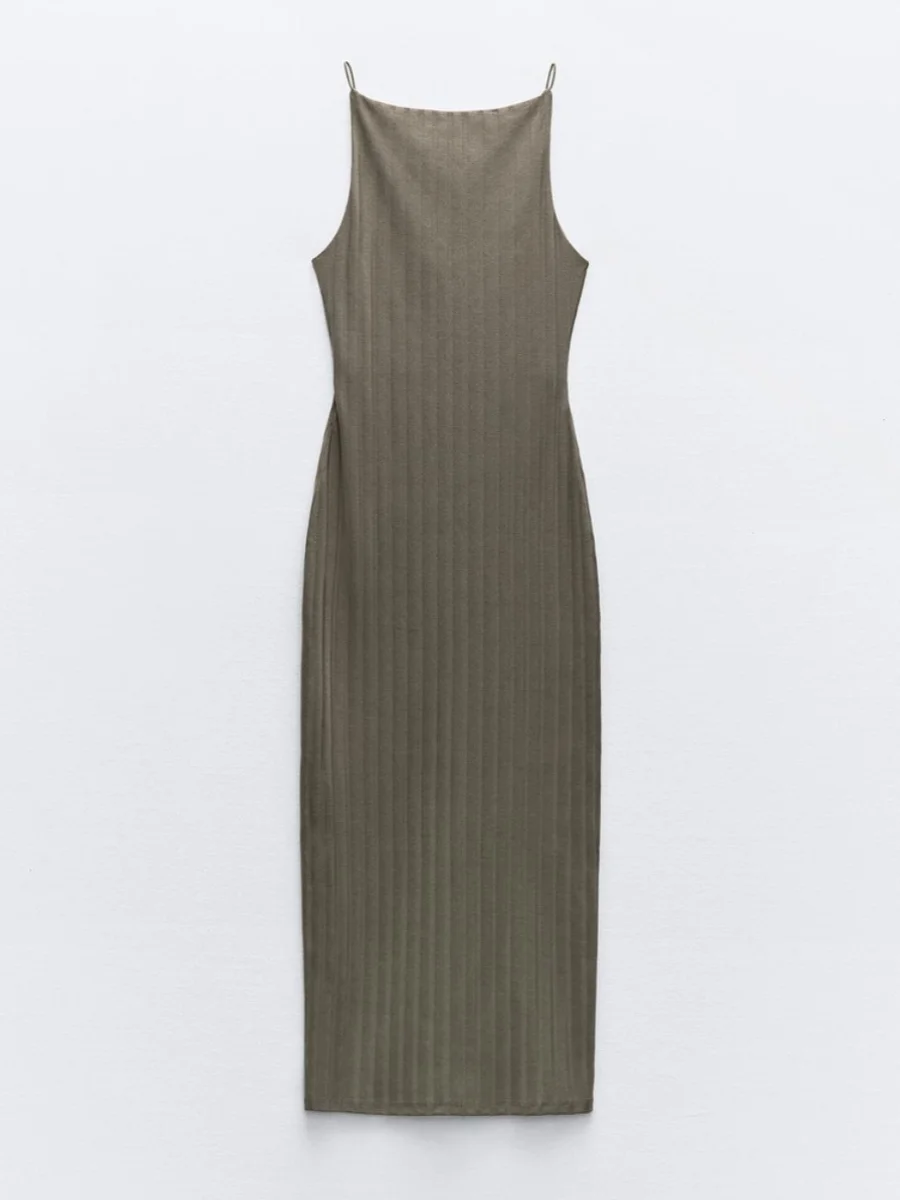 Vestido Midi canelado acintu sem mangas com decote redondo, modelo ZA2024, novidade de verão para mulheres.