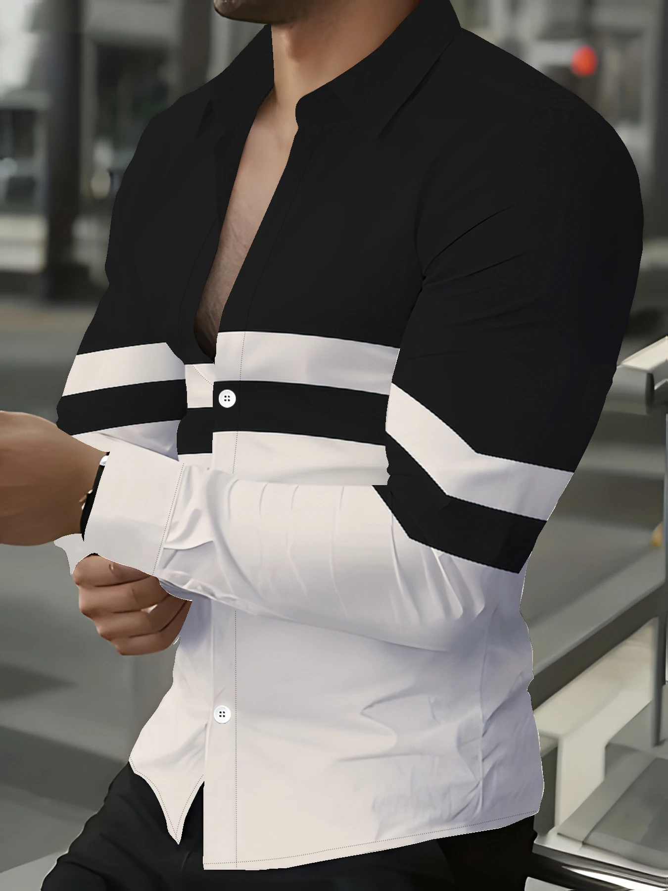 Mens Shirt Long Sleeve Black White Color Block Stripe Print Turn‑Down Collar Button Front Loose Casual Autumn Street Men Clothes