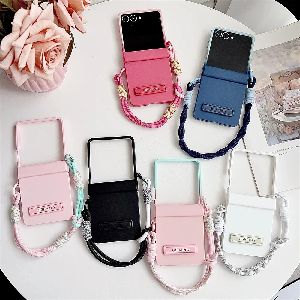 

Складной чехол для телефона с цепочкой на запястье ярких цветов для Samsung Galaxy Z Flip 7 FE 6 5 4 3, приятный для кожи противоударный защитный чехол с петлями