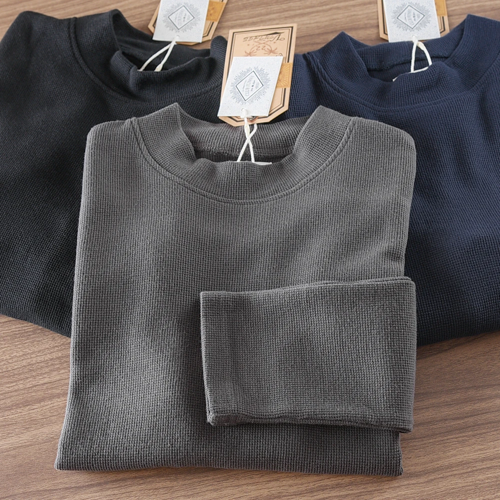 

Autumn and Winter New American Retro Long Sleeve O-neck 320g Waffle Knitted T-shirt Men's Simple Washed Casual Bottoming Tops