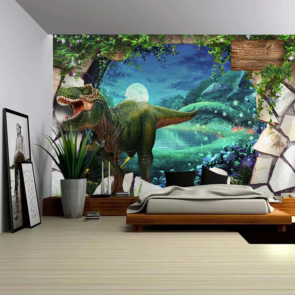 Brick Wall Dinosaur Landscape, Tapestry, Wall Art, Large Mural Decoration, Curtains, Home, Bedroom, Living Room Decoration