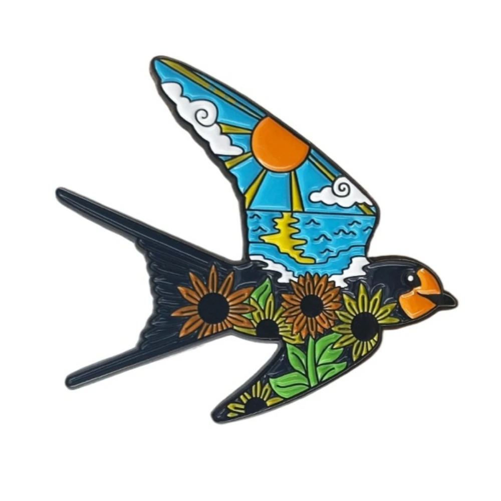 Spring Is Here! Vintage Swallow Pin Blue Sky Sunflower Badge Clothes, Backpacks and Accessories