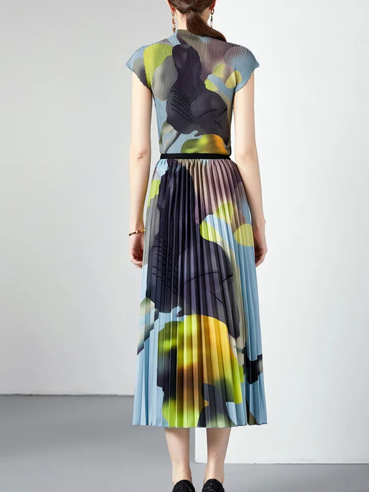 GVUW Pleated 2 Pieces Sets Women Print Short Sleeve Tops + A Line Skirts New 2024 Elegant Lady Loose Fashion Clothing 32C915