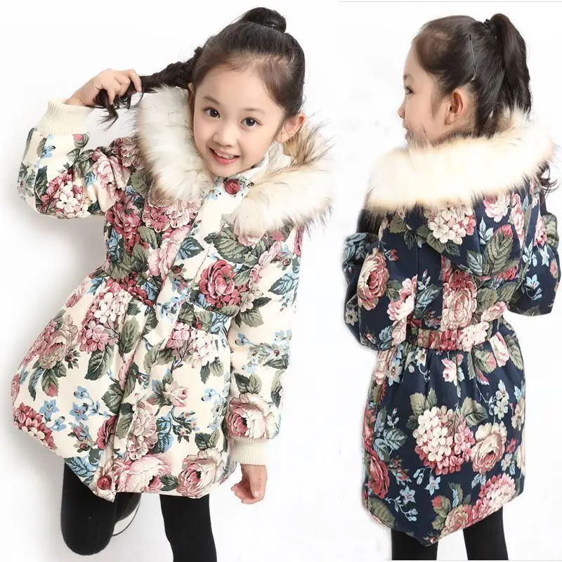 

Winter Cotton Jacket For Girls Coat Floral Pattern Fur Hooded Children Outerwear Clothing 3-12 Year Teenage Kids Parka Snowsuit