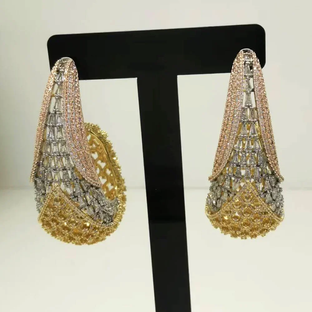 

Kellybola Luxury 3 Tone Flower Hollow Leaf Cubic Zircon Statement Big Hoop Earrings For Women Wedding DUBAI Bridal Hoop Earring