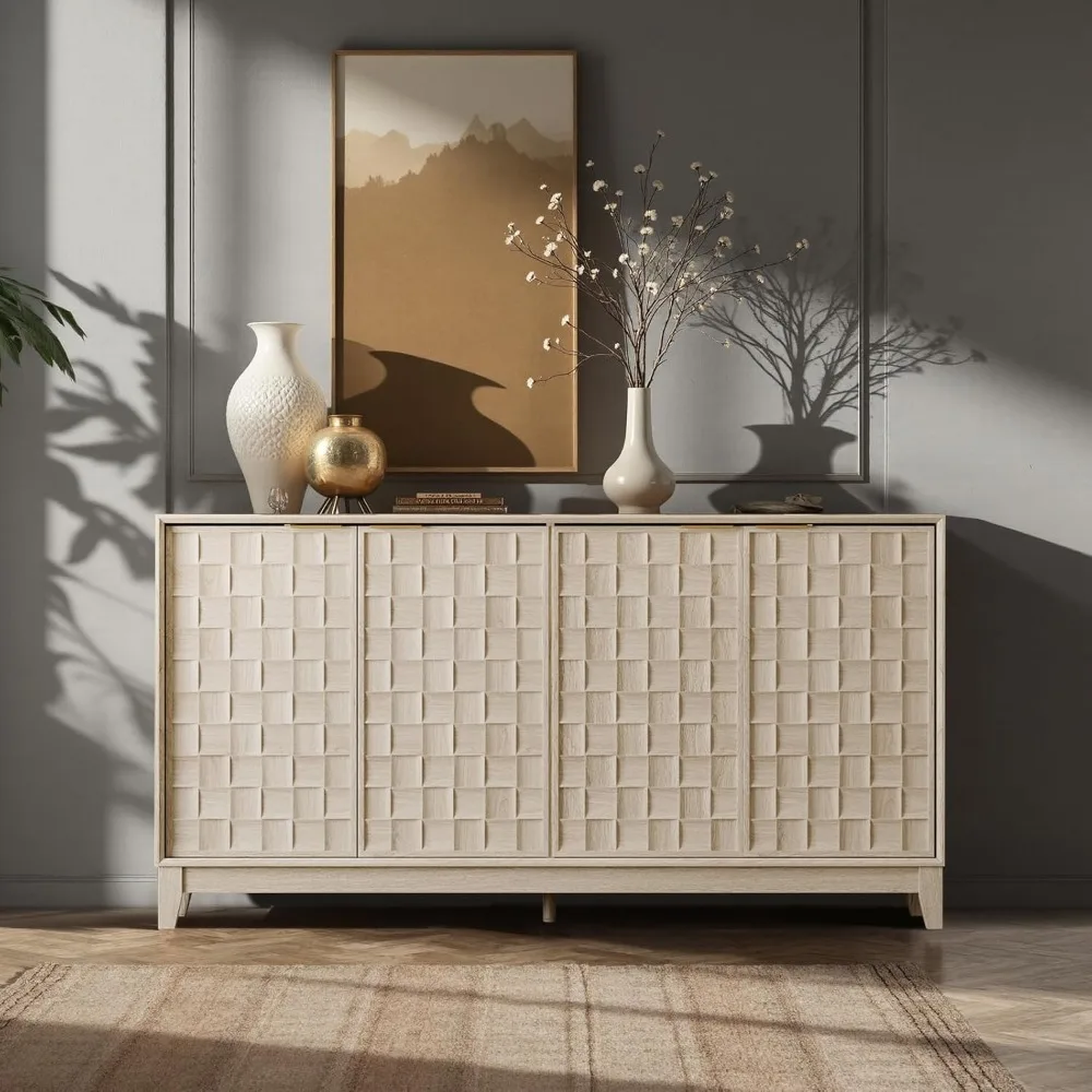 

Fluted Sideboard Cabinet with Storage – Solid Wood Buffet for Dining Room, Credenza Console with Adjustable Shelves,Cabinet