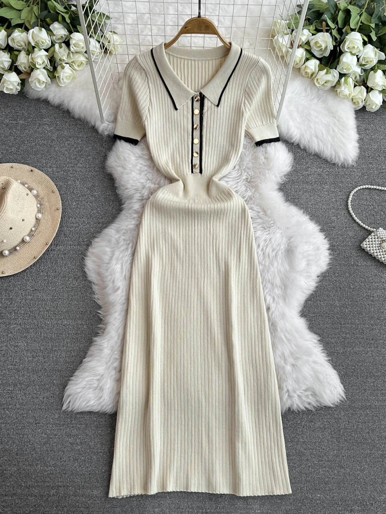 OCEANLOVE Knitted Spring Summer Long Dresses Contrast Color Fashion Vintage Sexy Vestidos Elegant Stripes Buttons Women Dress