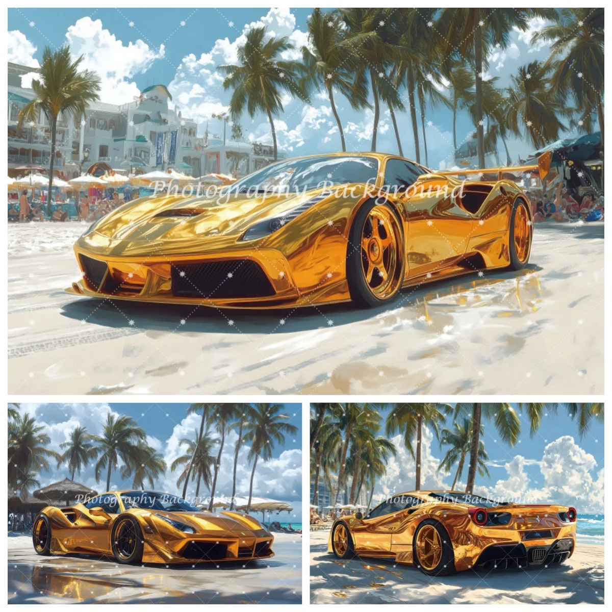 Toile de fond de photographie de luxe pour l'été et la plage, avec voiture de sport dorée, côte tropicale, décorations de fête VIP, accessoires de studio photo