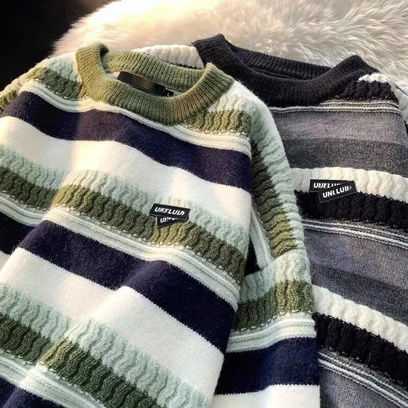 

Striped Round-Neck Sweater Men Y2k Autumn Winter Design Sense Japanese-Style Pullover Couple Knitted Sweater Loose Base Sweater