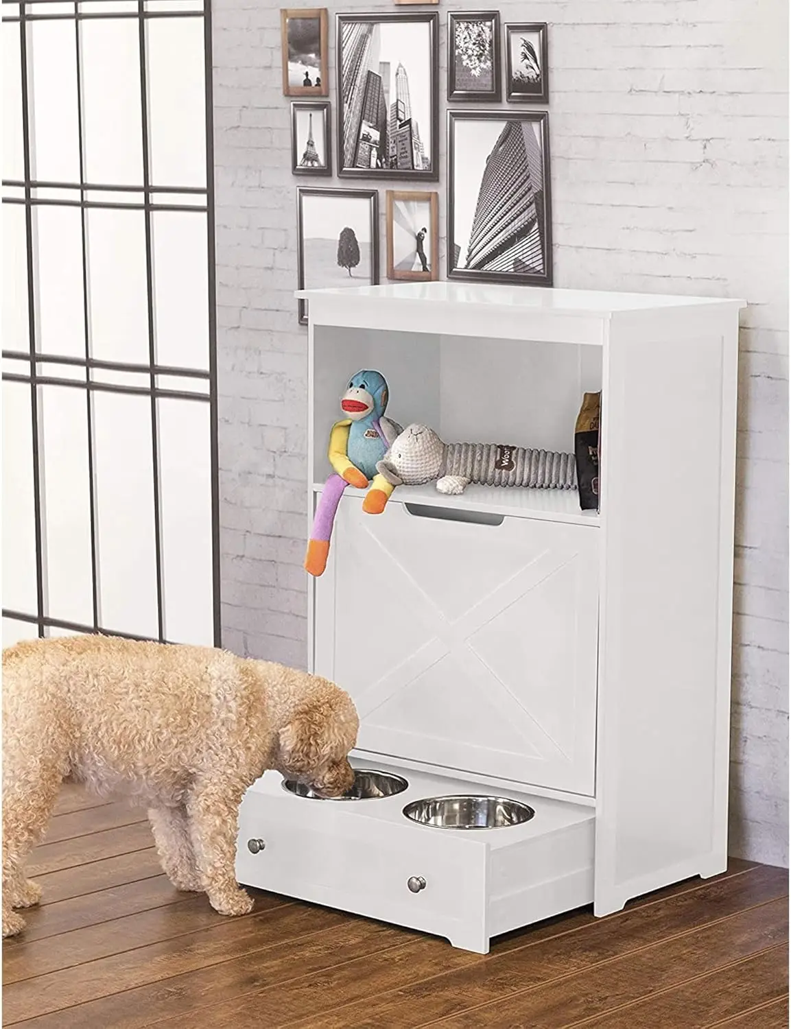 Pet Feeders with storage - dog bowl stand, pet feeder station, White 13.78?D x 24.02?W x 35.04?H