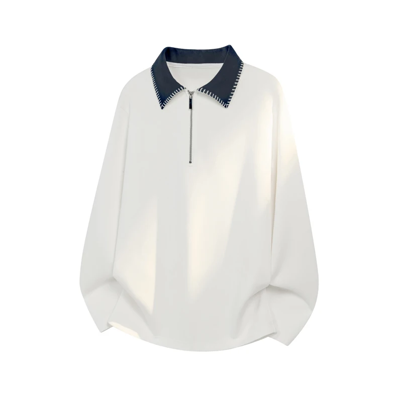 Men's Long-sleeve Polo Shirt Quarter-zip Contrast-color Collar with Stitching Details Relaxed-fit Pullover Sweatshirt