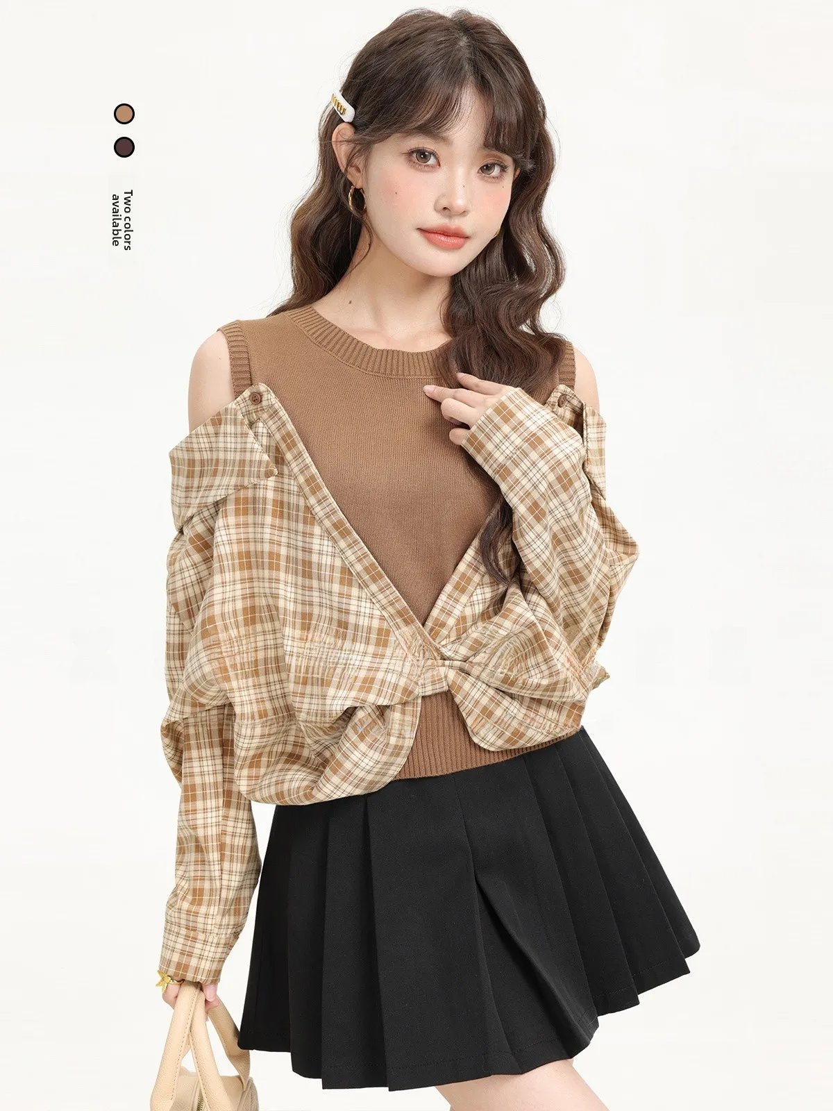 

Retro Knitted Plaid irt oulder Bared Korean Sle ort Top for Women Commute Sle Regular Sve Long Sve round Ne