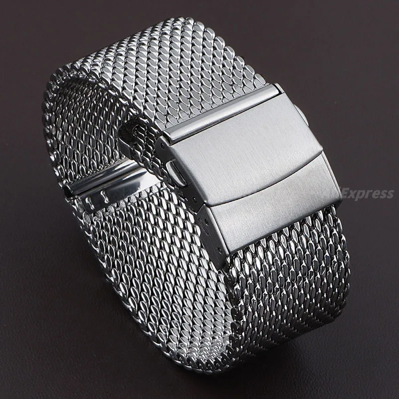 1.0 Milanese Mesh Loop 18mm 20mm 22mm Folding Buckle Watch Band Stainless Steel Strap 3mm Thickness Bracelet Quick Release