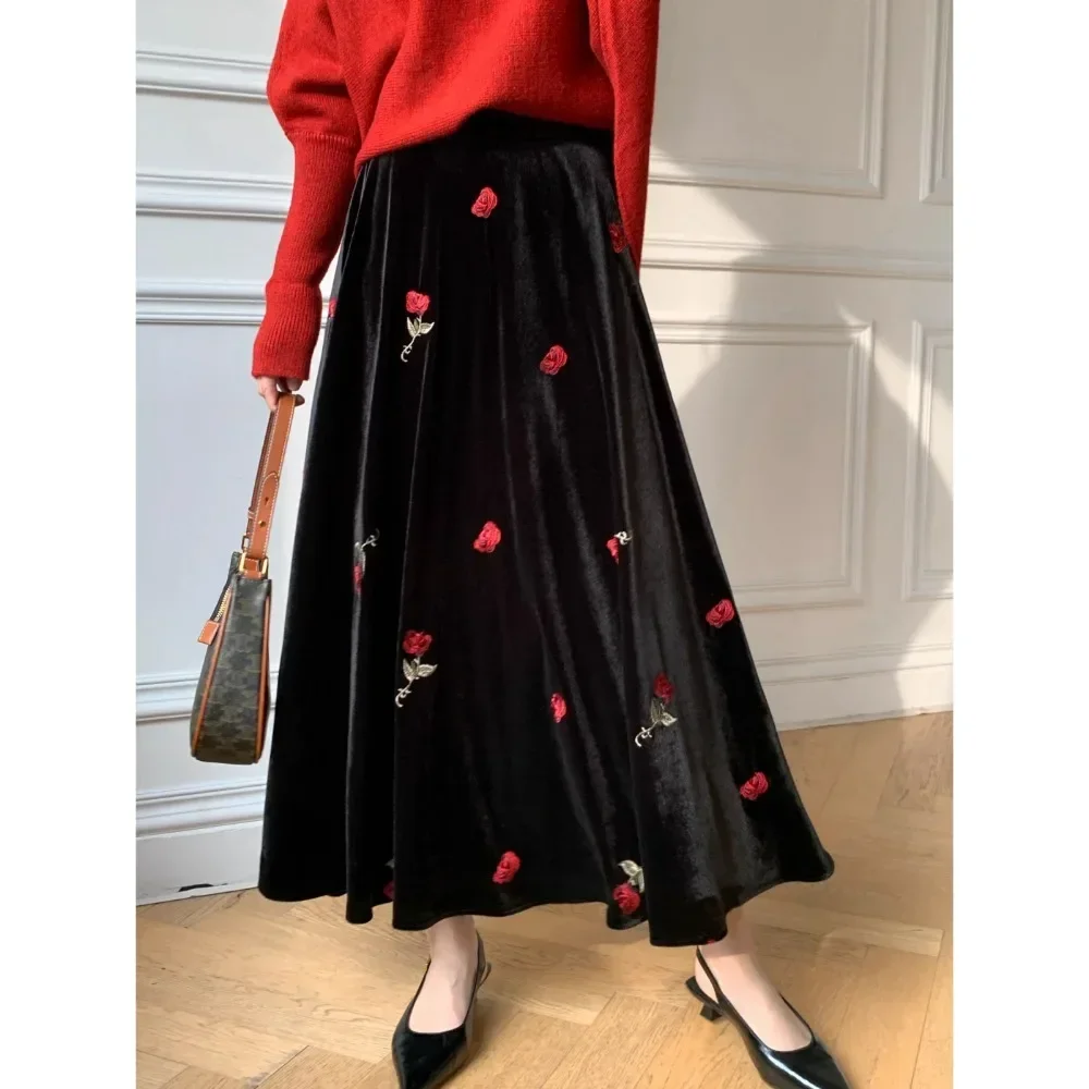 Aesthetic Vintage Velvet Midi Skirt Women Elegant Pleated Skirts Fall Winter Christmas Korean High Waist Casual A Line Skirt Y2K