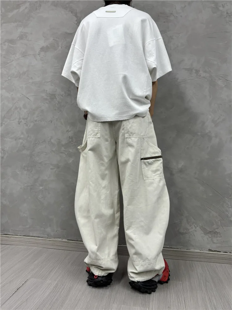 Design Sense stiksels ruches overall herenmode trend losse wijde pijpen casual broek matje broek