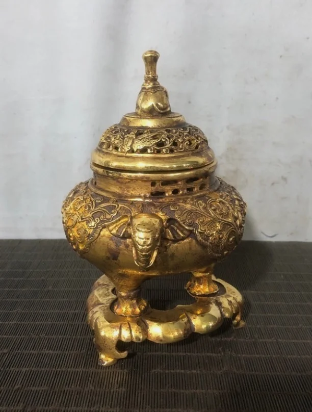 8'' old Chinese dynasty bronze Gilt elephant animal Incense Burner Censer