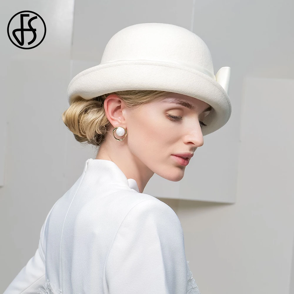 FS Luxury Winter Top Hats For Woman Wedding White Elegant Church Cocktail Tea Party Cap Ladies Curl Brim Wool Fedoras 2024