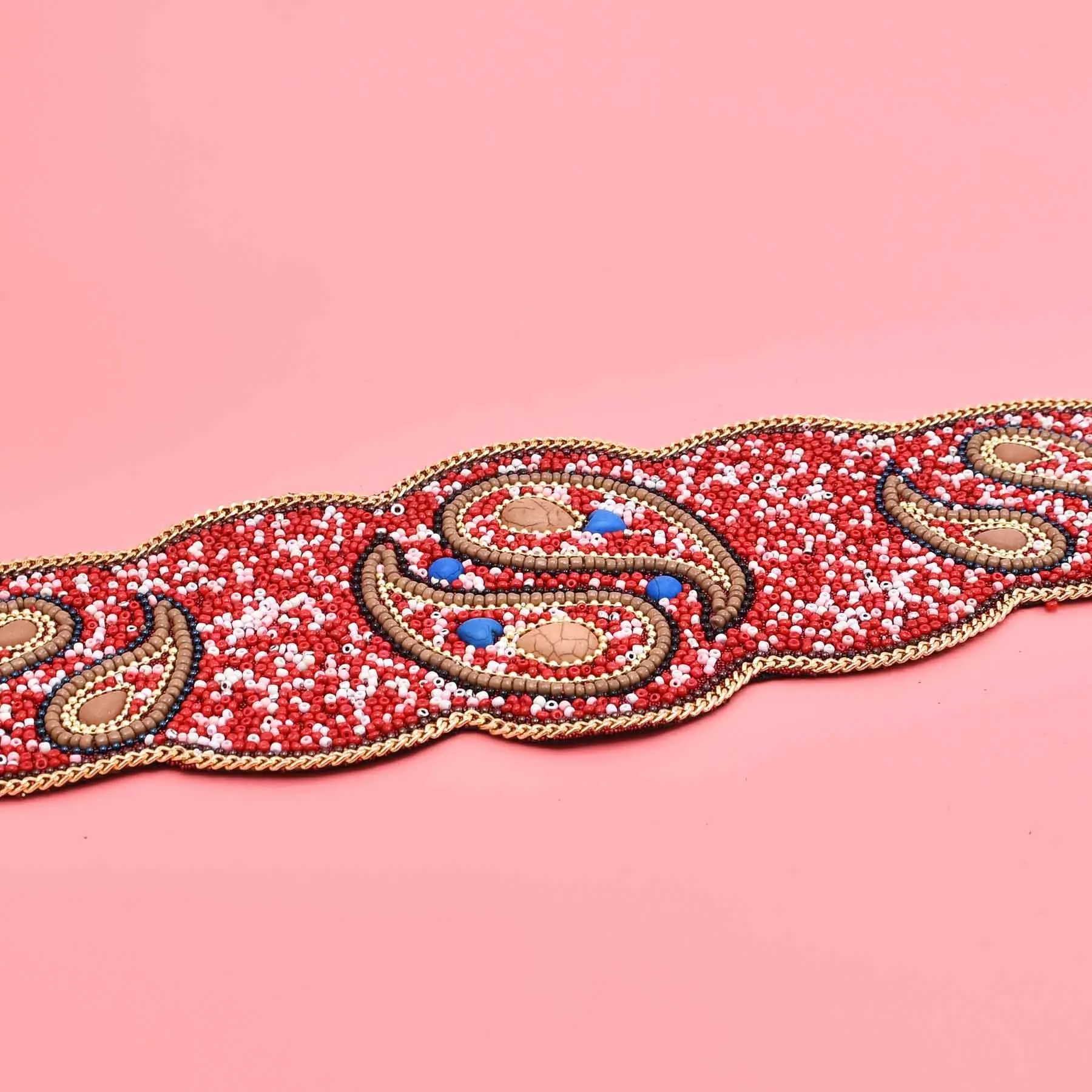 Beads Women Belt Colorful Acrylic Ethnic Elastic Statement Waist Belts Vintage Red Leather
