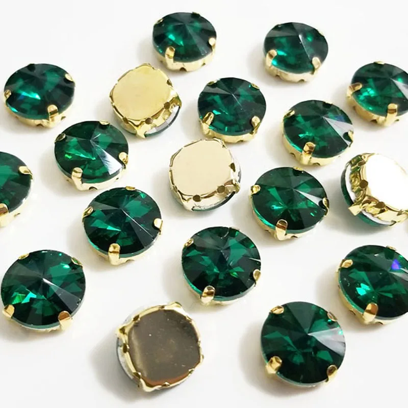 Round Shape Golden Bottom Malachite Green Glass Crystal Rhinestones, Used for Needlework, Diy Clothing Sewing Accessories, WXG15