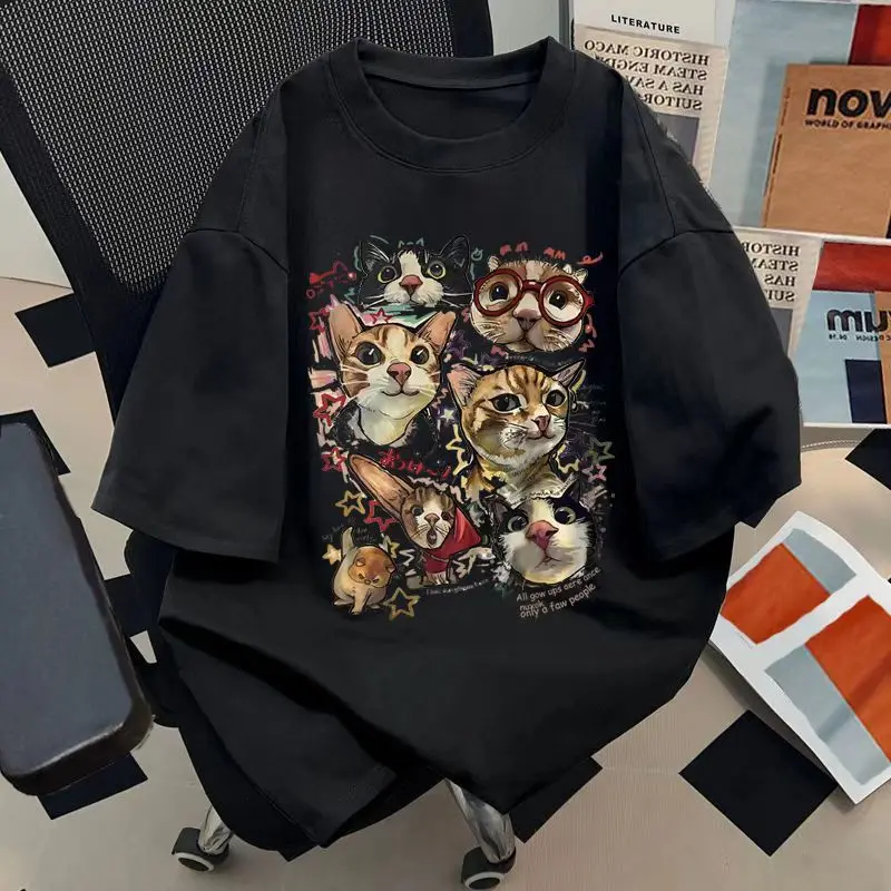 2026 New Street Art Cartoon Cat Collection Printed Plus Size Men's and Women's Cotton Short Sleeve Loose Crew Neck T-Shirts