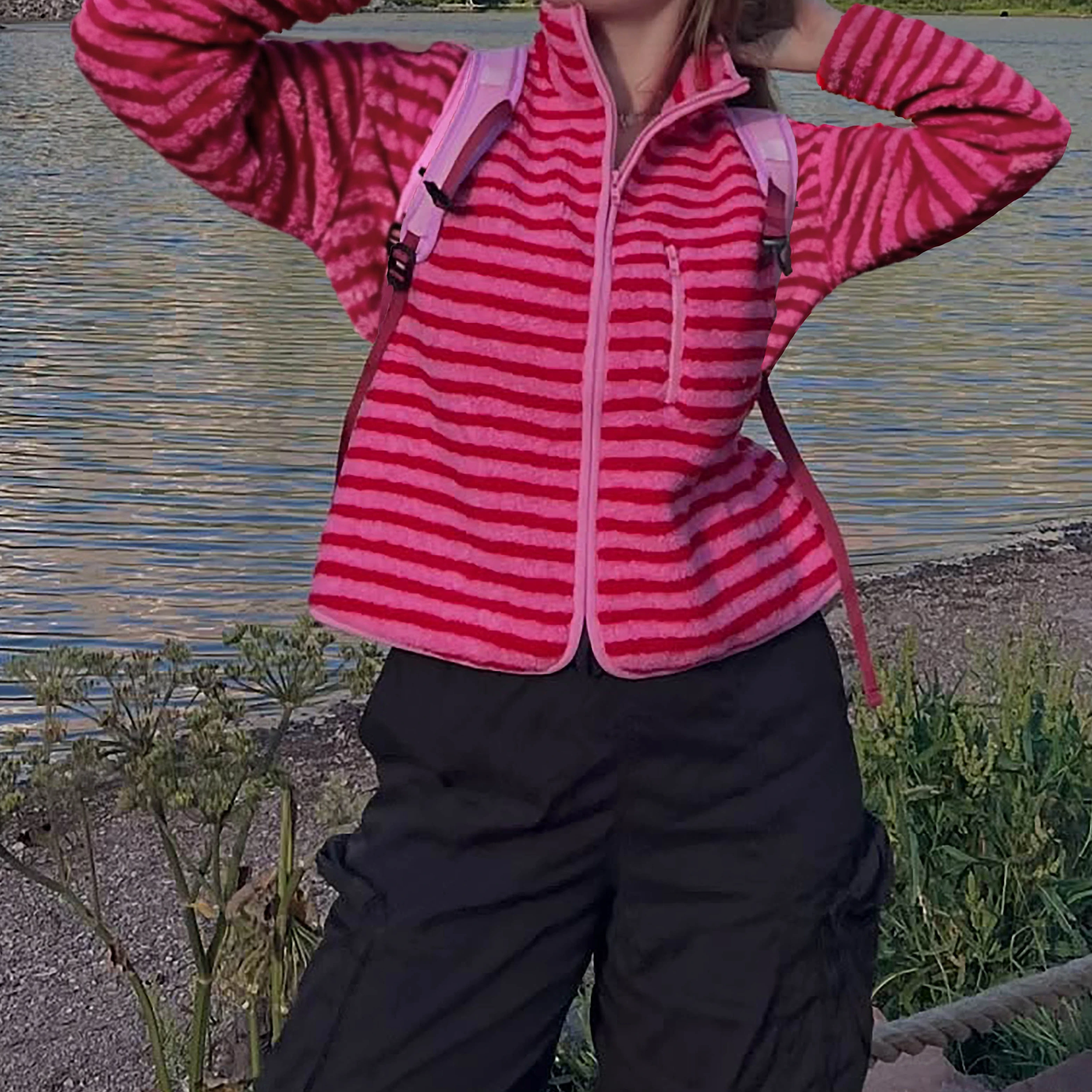 

Коллекция женская зимняя флисовая куртка повседневное стильное полосатое пальто на молнии с лацканами и длинными рукавами