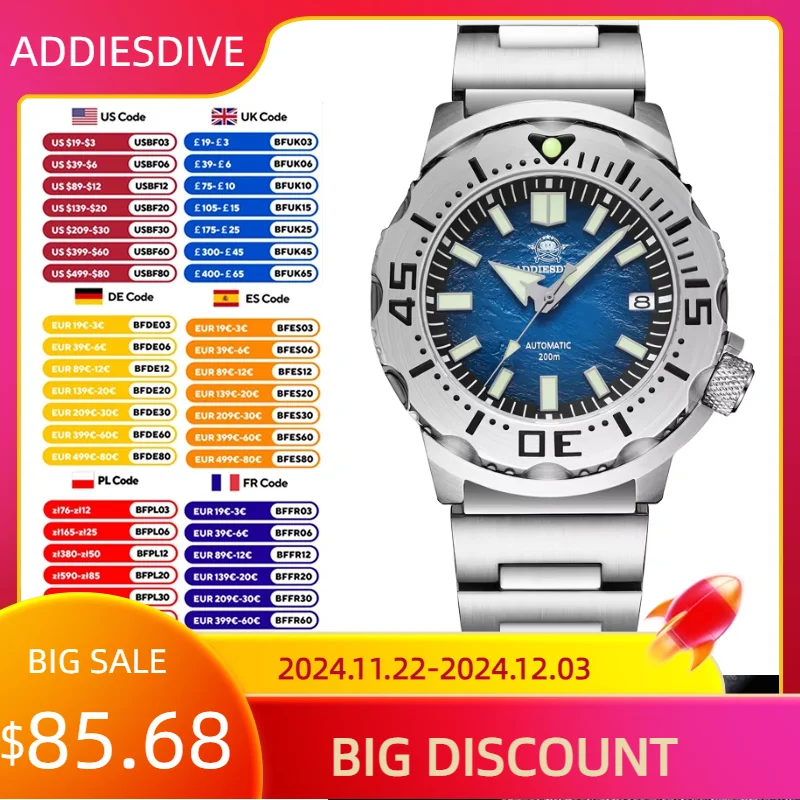 ADDIESDIVE Sapphire Luminous NH35 Movement Diver Watches 20Bar Waterproof Automatic Mechanical Watch AD2047 Blue Dial Wristwatch