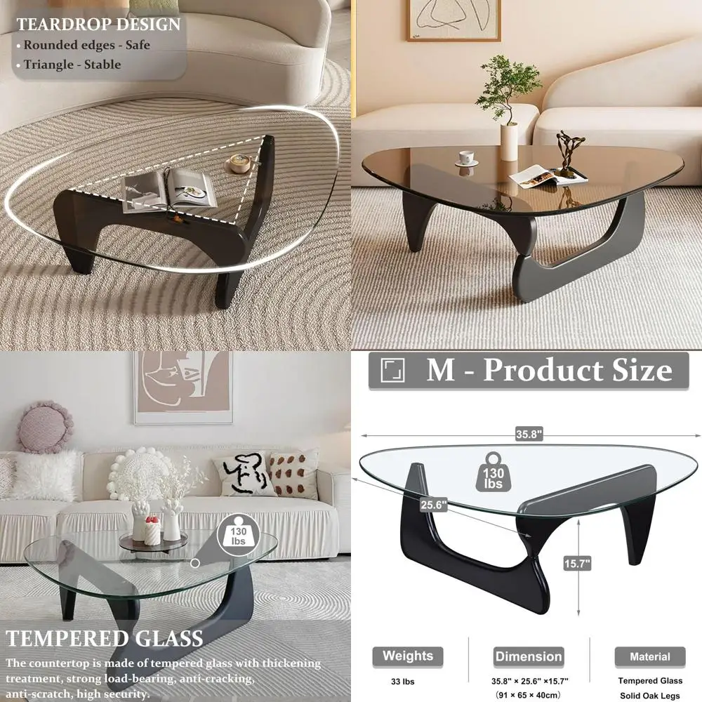 طاولة قهوة على شكل زجاجي مثلث مع قاعدة من الخشب الطبيعي لمساحات المعيشة والمكاتب (أسود/بني، متوسط، 35.8 × 25.5 × 16 بوصة)